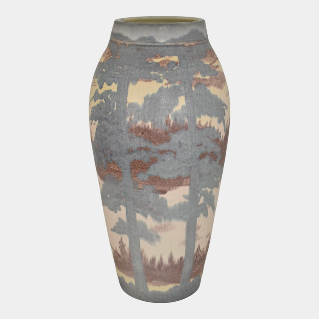 Door Studio Art Pottery Hand Thrown Blue Tan Vellum Ceramic Scenic Vase