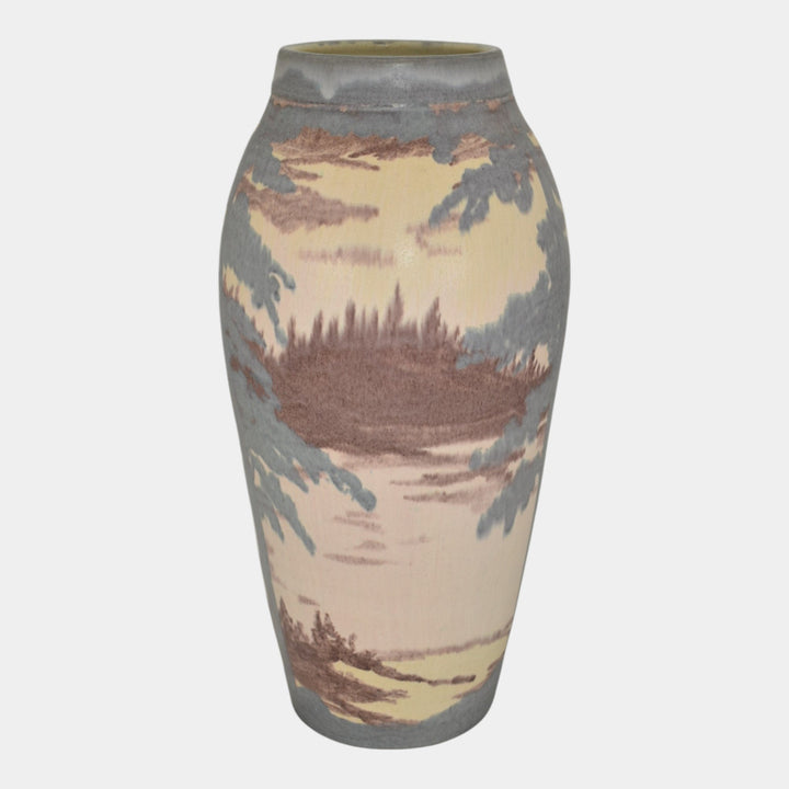 Door Studio Art Pottery Hand Thrown Blue Tan Vellum Ceramic Scenic Vase