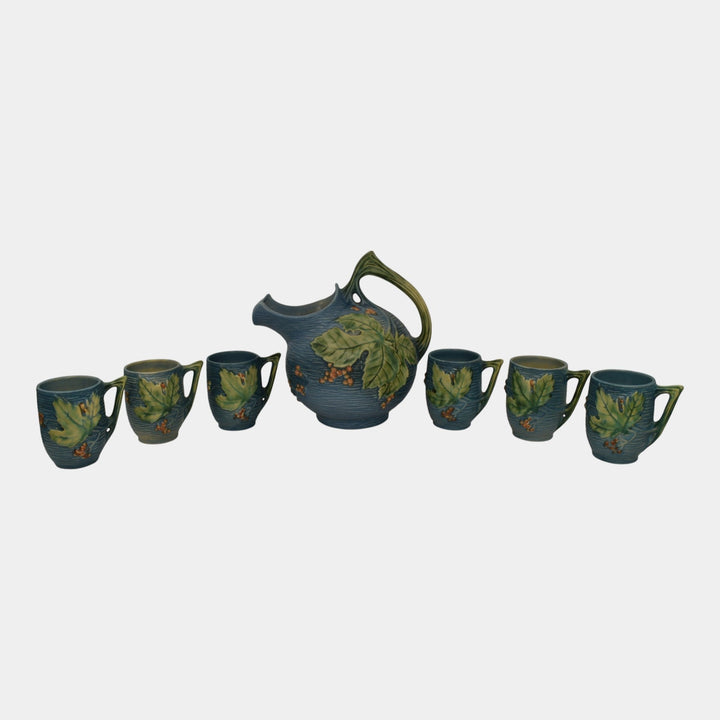 Roseville Bushberry Blue 1941 Vintage Art Pottery Pitcher 1325 Mugs 1-3