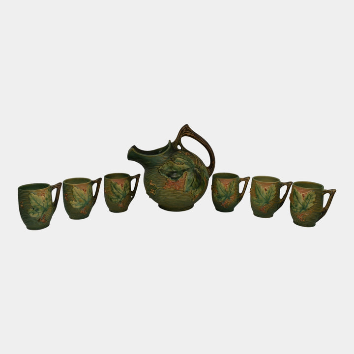 Roseville Bushberry Green 1941 Vintage Art Pottery Pitcher 1325 Mugs 1-3
