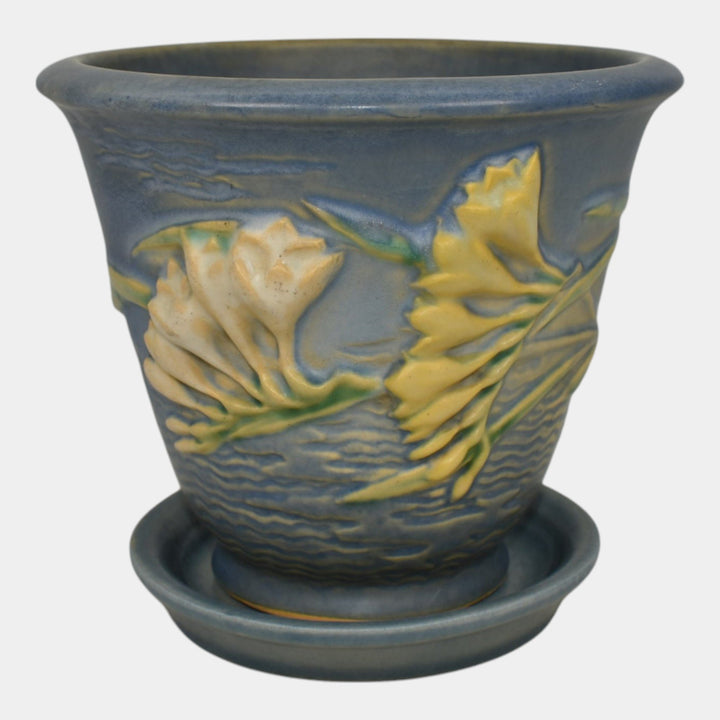 Roseville Freesia Blue 1945 Art Pottery Ceramic Flower Pot and Saucer 670-5 - Just Art Pottery