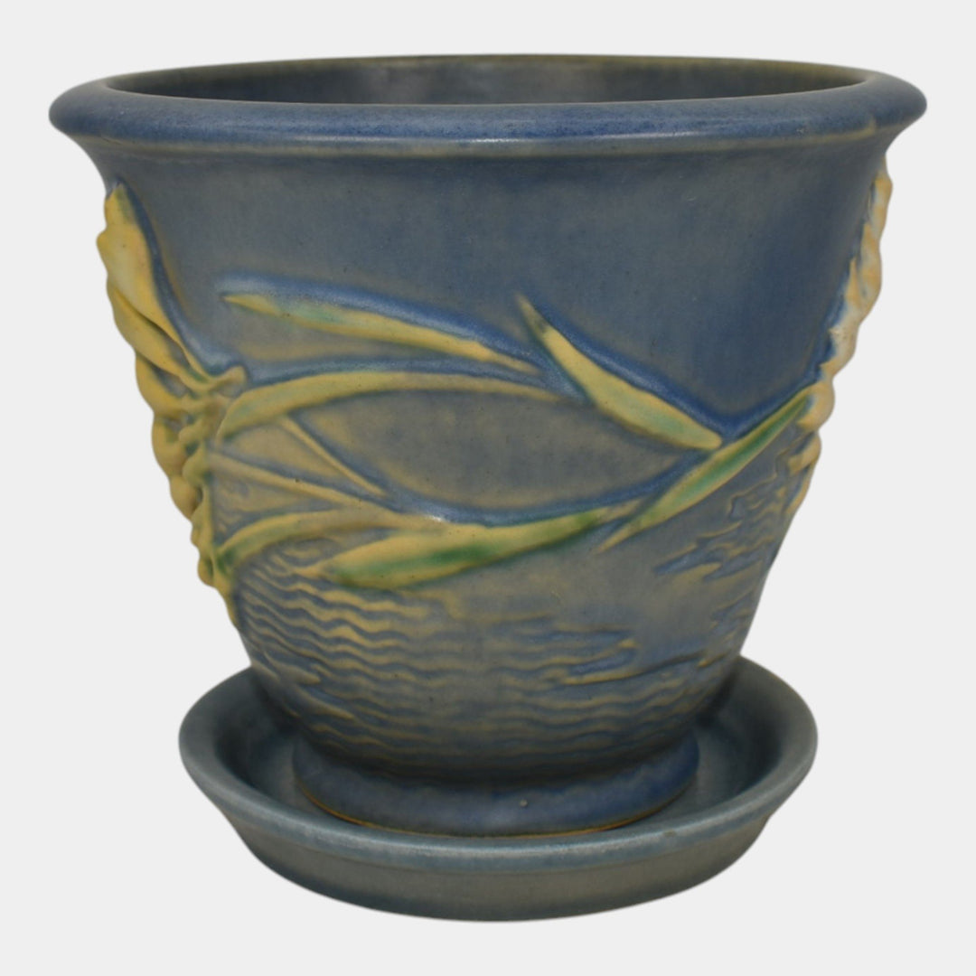 Roseville Freesia Blue 1945 Art Pottery Ceramic Flower Pot and Saucer 670-5 - Just Art Pottery