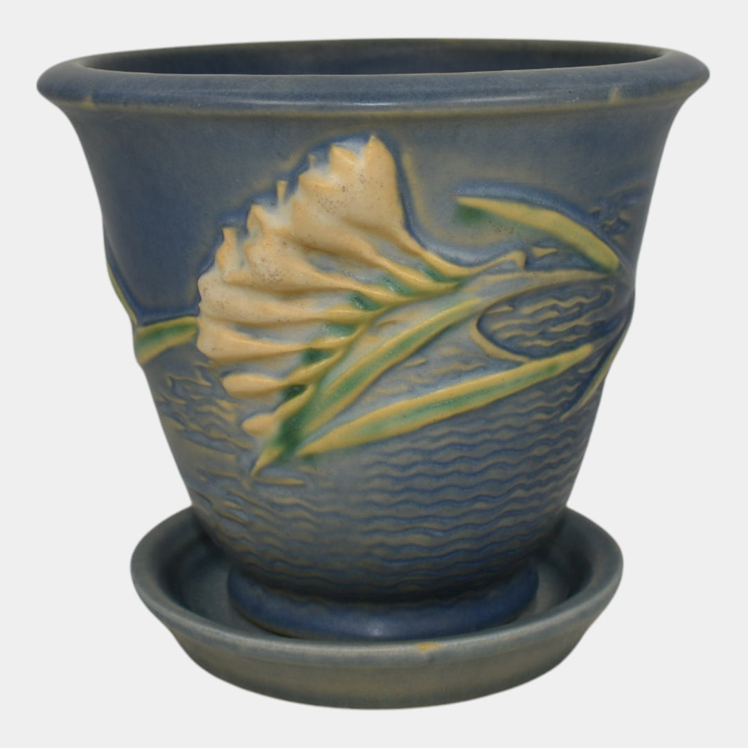 Roseville Freesia Blue 1945 Art Pottery Ceramic Flower Pot and Saucer 670-5 - Just Art Pottery