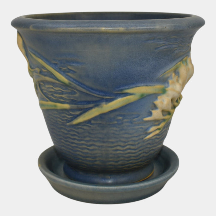 Roseville Freesia Blue 1945 Art Pottery Ceramic Flower Pot and Saucer 670-5 - Just Art Pottery