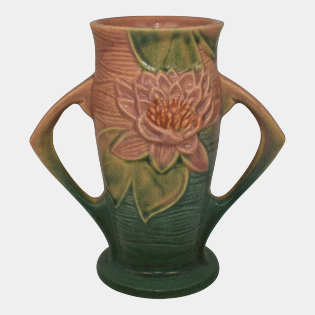 Roseville Water Lily Pink 1943 Vintage Art Pottery Ceramic Handled Vase 72-6 - Just Art Pottery