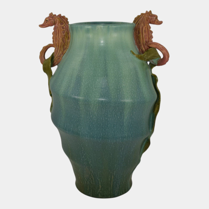 Ephraim Faience 2015 Limited Edition Pottery Blue Seahorses Cove Vase I04