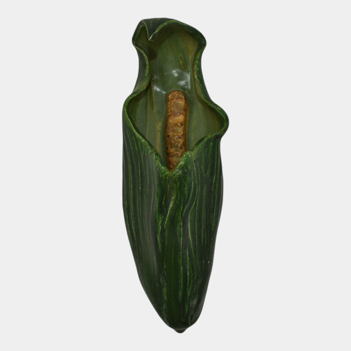 Ephraim Faience 2002 Hand Made Pottery Green Cattail Ceramic Wall Pocket Wolf - Just Art Pottery