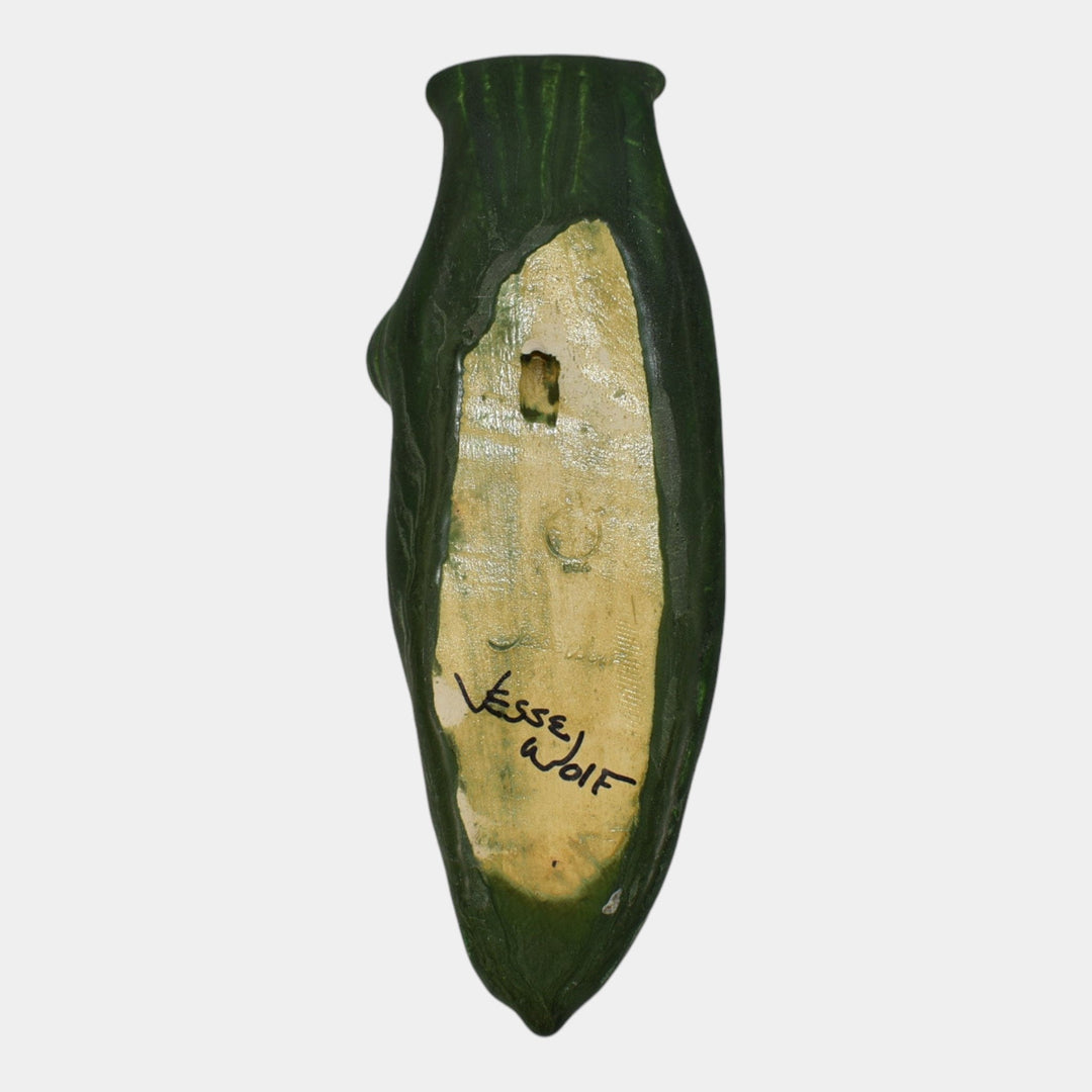 Ephraim Faience 2002 Hand Made Pottery Green Cattail Ceramic Wall Pocket Wolf