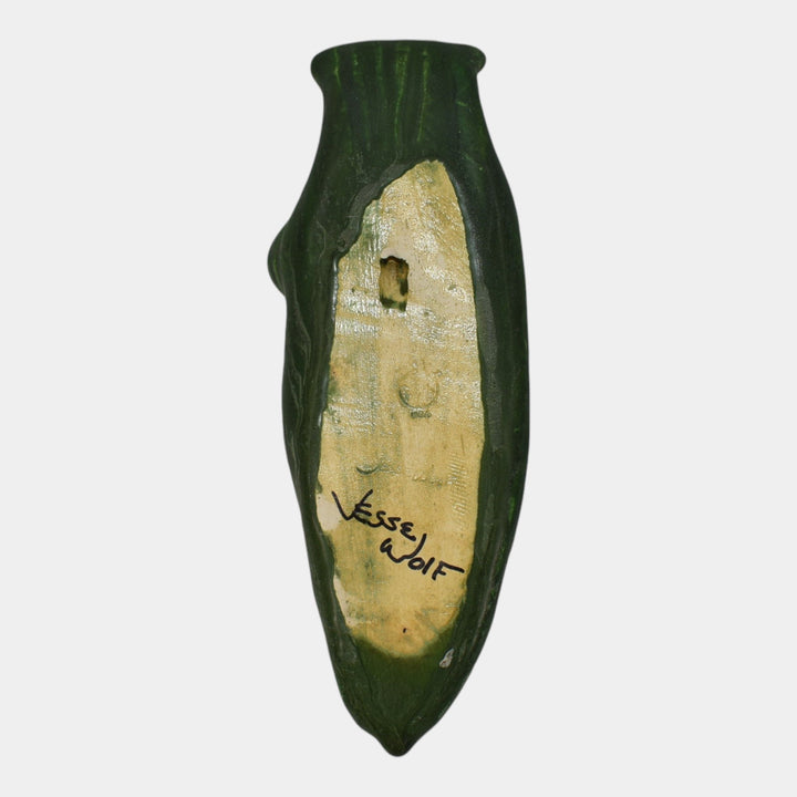 Ephraim Faience 2002 Hand Made Pottery Green Cattail Ceramic Wall Pocket Wolf
