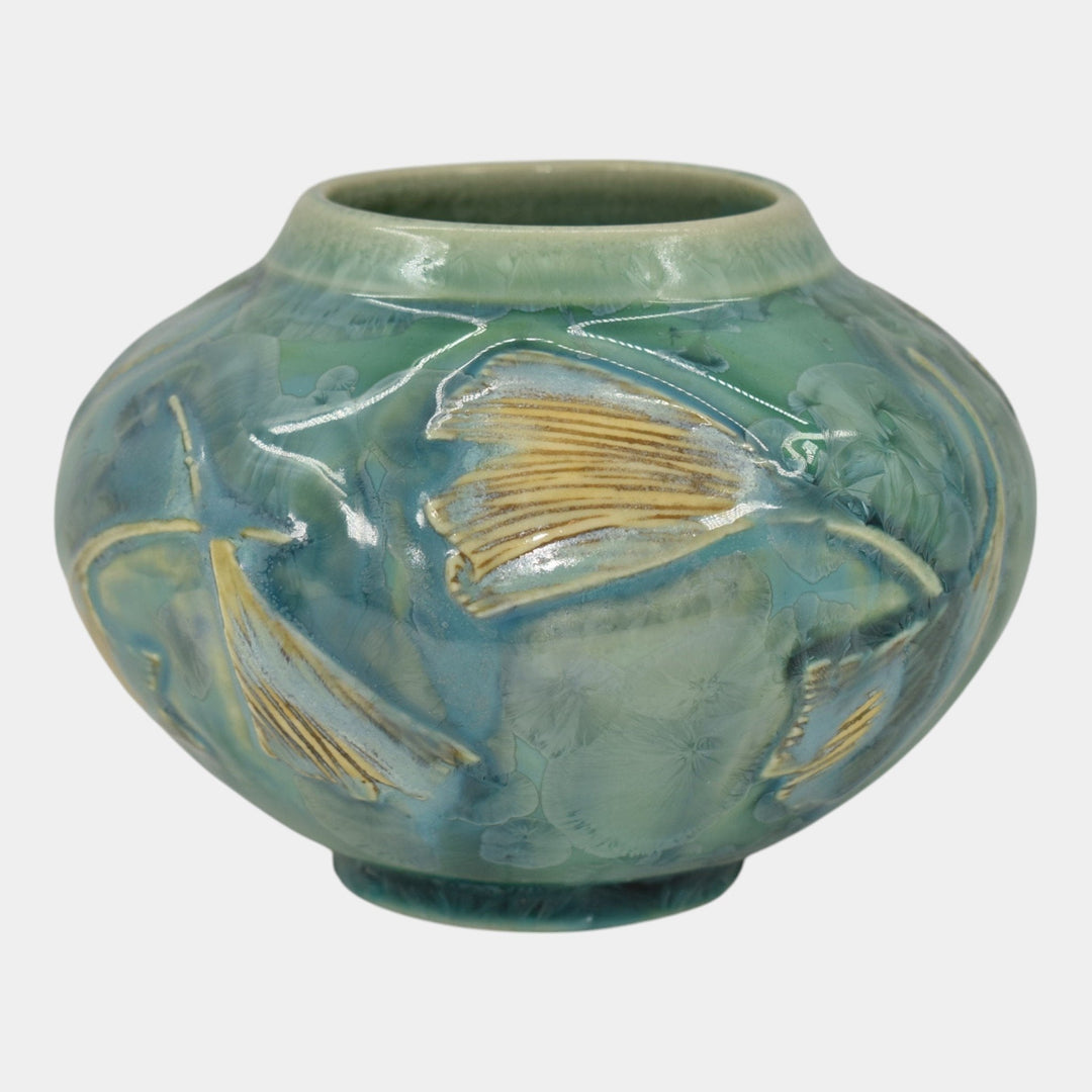 Door Studio Art Pottery Hand Thrown Blue Ginkgo Crystalline Ceramic Vase Kreigh