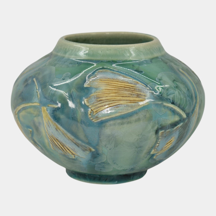 Door Studio Art Pottery Hand Thrown Blue Ginkgo Crystalline Ceramic Vase Kreigh
