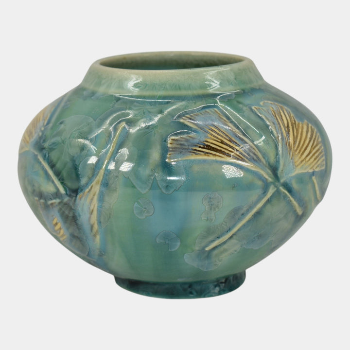 Door Studio Art Pottery Hand Thrown Blue Ginkgo Crystalline Ceramic Vase Kreigh