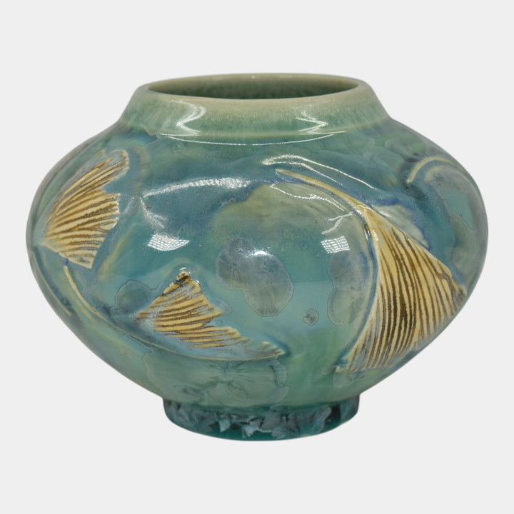 Door Studio Art Pottery Hand Thrown Blue Ginkgo Crystalline Ceramic Vase Kreigh