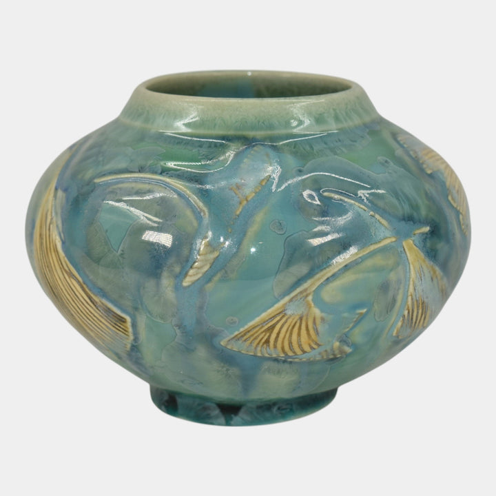 Door Studio Art Pottery Hand Thrown Blue Ginkgo Crystalline Ceramic Vase Kreigh
