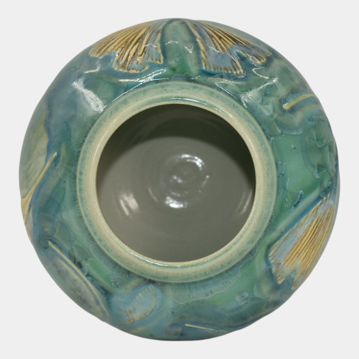 Door Studio Art Pottery Hand Thrown Blue Ginkgo Crystalline Ceramic Vase Kreigh
