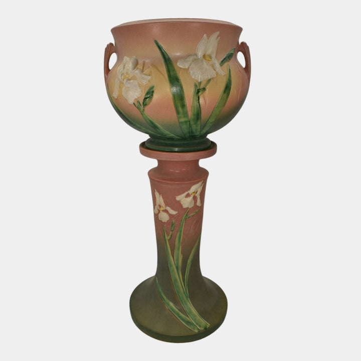 Roseville Iris Pink 1939 Art Deco Pottery Ceramic Jardiniere And Pedestal 647-10