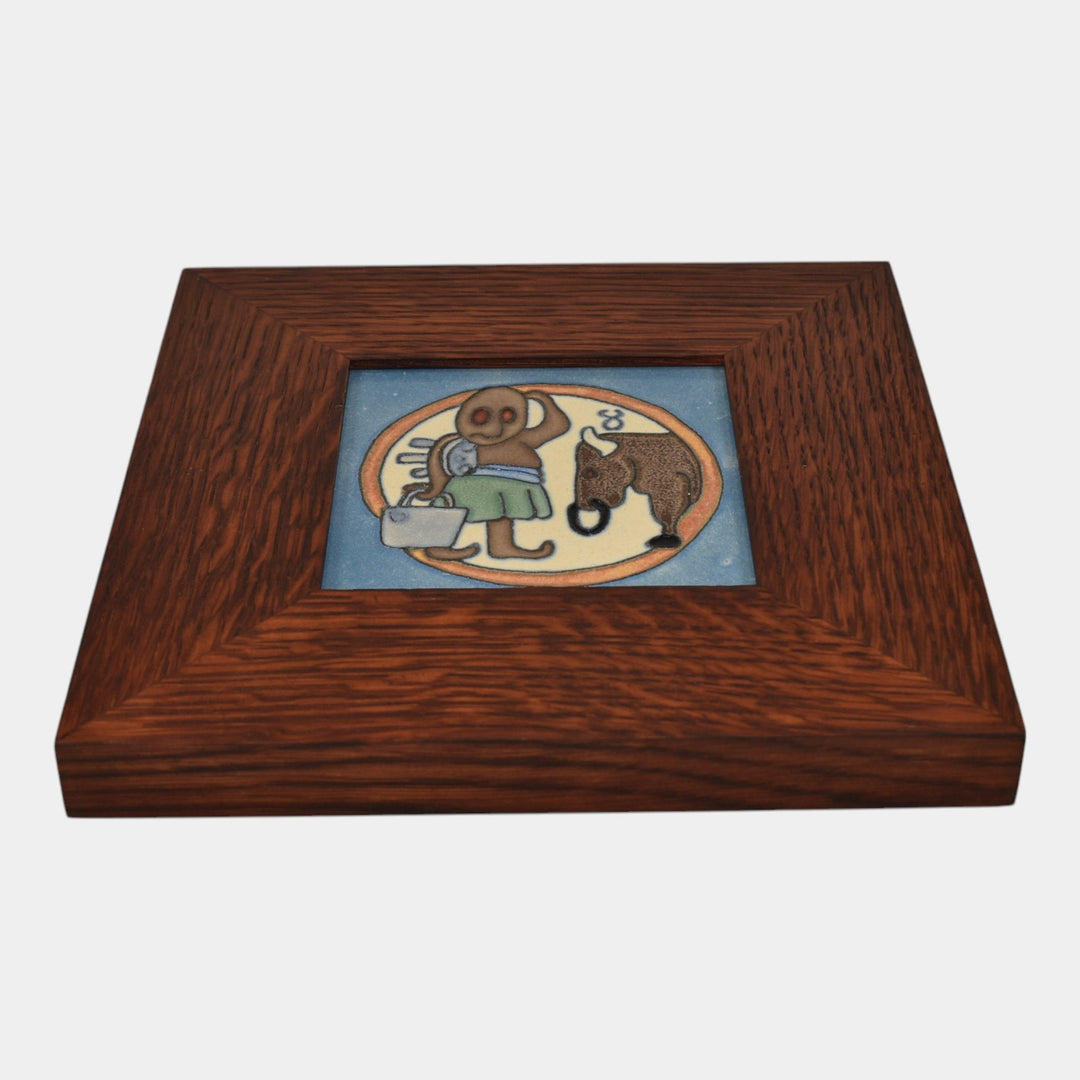 Flint Faience 1920s Zodiac Art Pottery Taurus Framed Ceramic Tile - Just Art Pottery