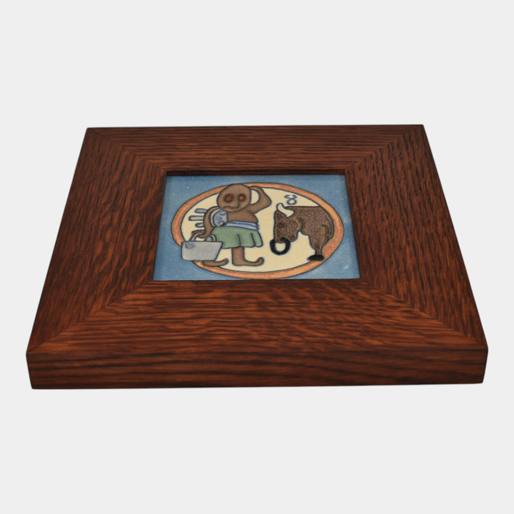 Flint Faience 1920s Zodiac Art Pottery Taurus Framed Ceramic Tile - Just Art Pottery