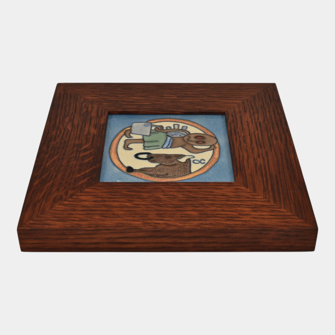 Flint Faience 1920s Zodiac Art Pottery Taurus Framed Ceramic Tile - Just Art Pottery