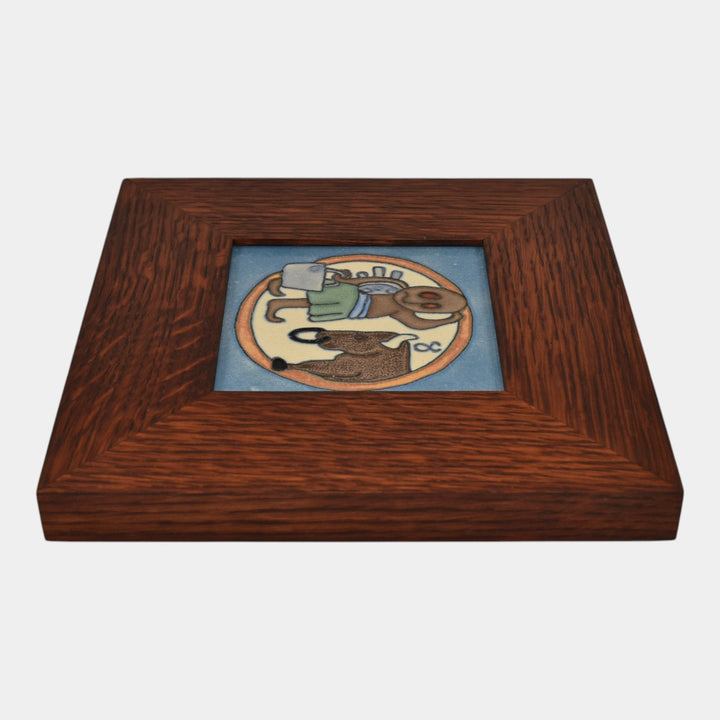 Flint Faience 1920s Zodiac Art Pottery Taurus Framed Ceramic Tile - Just Art Pottery