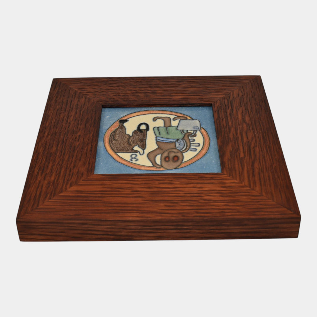 Flint Faience 1920s Zodiac Art Pottery Taurus Framed Ceramic Tile - Just Art Pottery