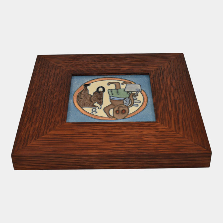Flint Faience 1920s Zodiac Art Pottery Taurus Framed Ceramic Tile - Just Art Pottery