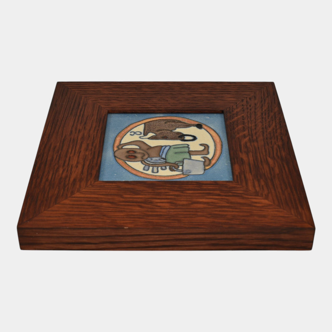 Flint Faience 1920s Zodiac Art Pottery Taurus Framed Ceramic Tile - Just Art Pottery