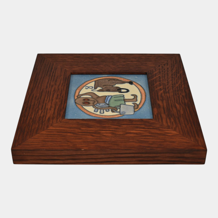 Flint Faience 1920s Zodiac Art Pottery Taurus Framed Ceramic Tile - Just Art Pottery