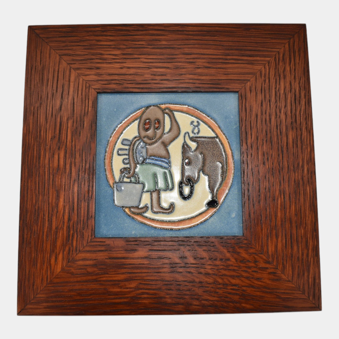 Flint Faience 1920s Zodiac Art Pottery Taurus Framed Ceramic Tile - Just Art Pottery