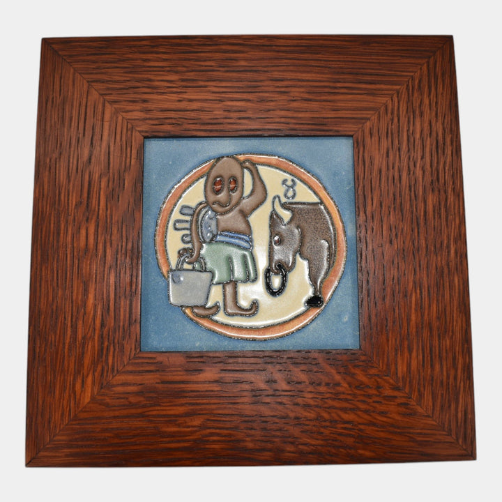 Flint Faience 1920s Zodiac Art Pottery Taurus Framed Ceramic Tile - Just Art Pottery