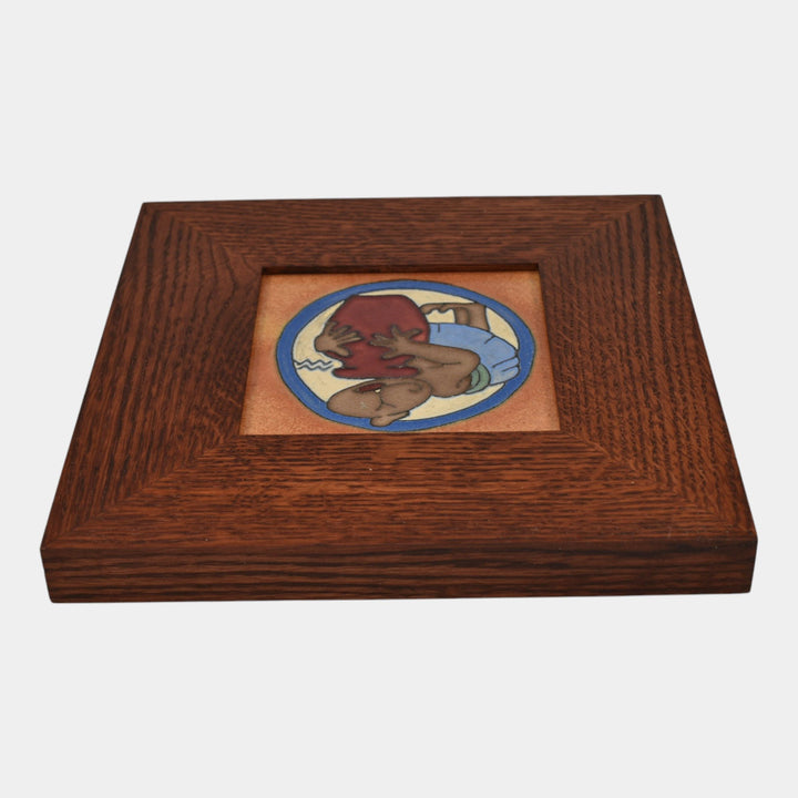 Flint Faience 1920s Zodiac Art Pottery Aquarius Framed Ceramic Tile - Just Art Pottery