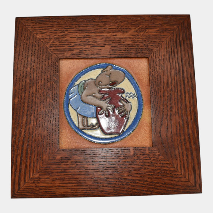 Flint Faience 1920s Zodiac Art Pottery Aquarius Framed Ceramic Tile - Just Art Pottery