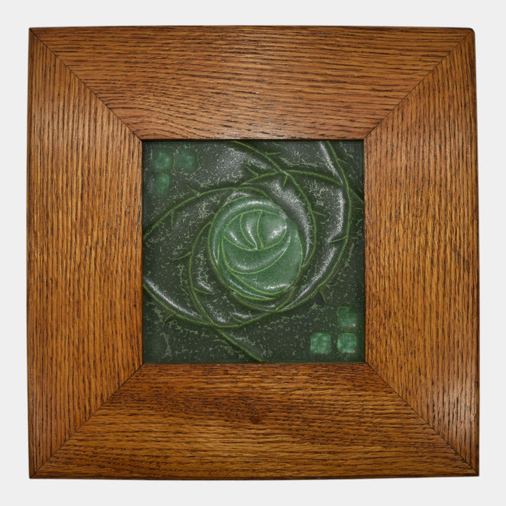 Door Studio Art Pottery Matte Green Ceramic Rose Framed Wall Tile