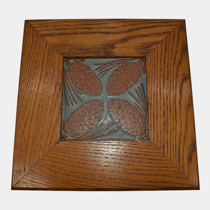 Asheville Tileworks Art Pottery Blue Brown Ceramic Pine Cone Framed Wall Tile