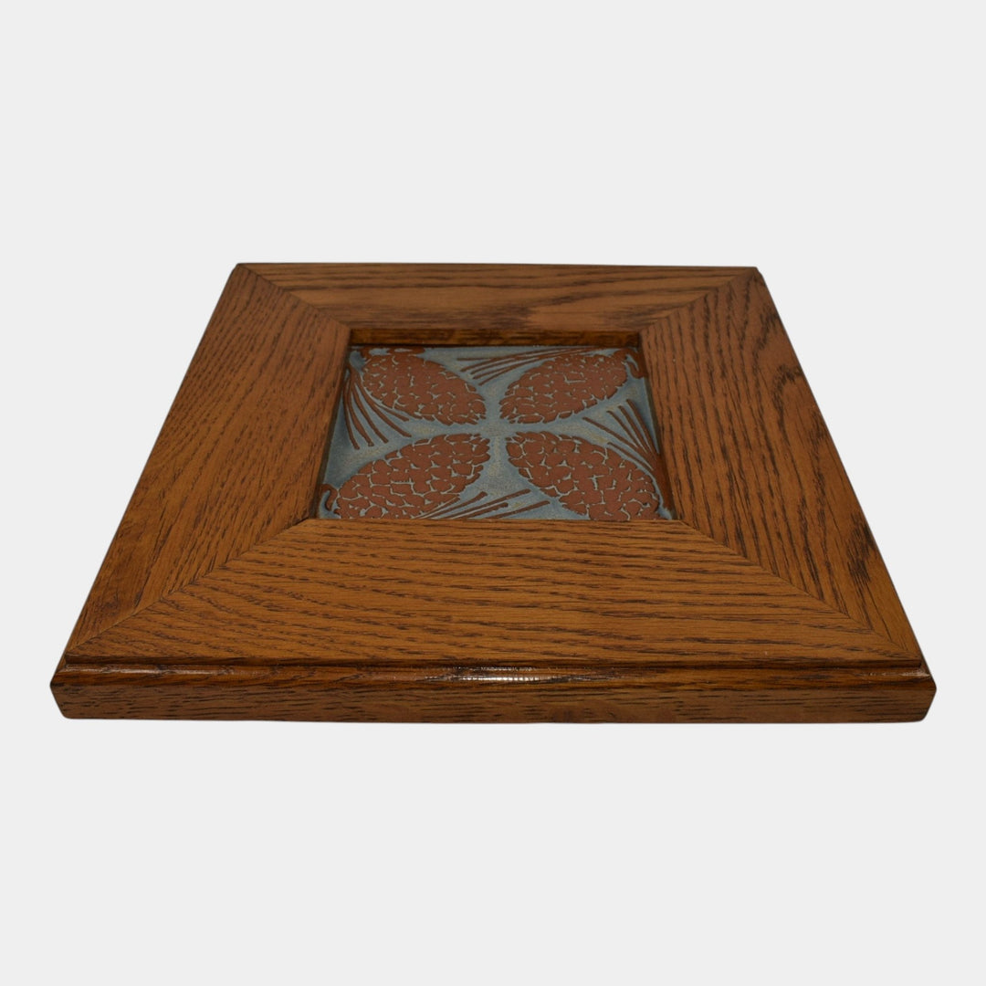 Asheville Tileworks Art Pottery Blue Brown Ceramic Pine Cone Framed Wall Tile