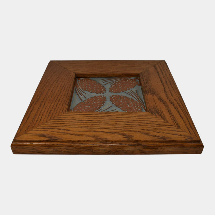 Asheville Tileworks Art Pottery Blue Brown Ceramic Pine Cone Framed Wall Tile