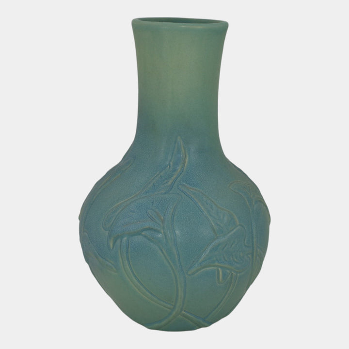 Van Briggle Pottery Art Deco Ming Blue Calla Lily And Leaves Vase
