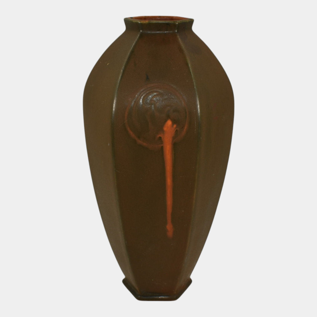 Roseville Rosecraft Hexagon Brown 1925 Vintage Art Pottery Ceramic Vase 272-10