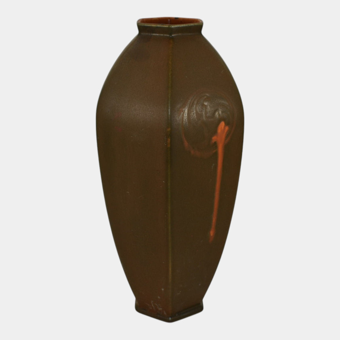 Roseville Rosecraft Hexagon Brown 1925 Vintage Art Pottery Ceramic Vase 272-10