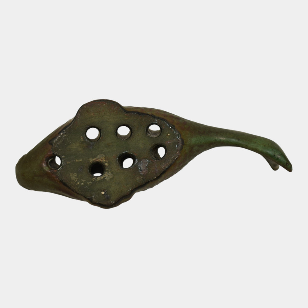 Peters and Reed Arts And Crafts Pottery Matte Green Ceramic Fish Flower Frog