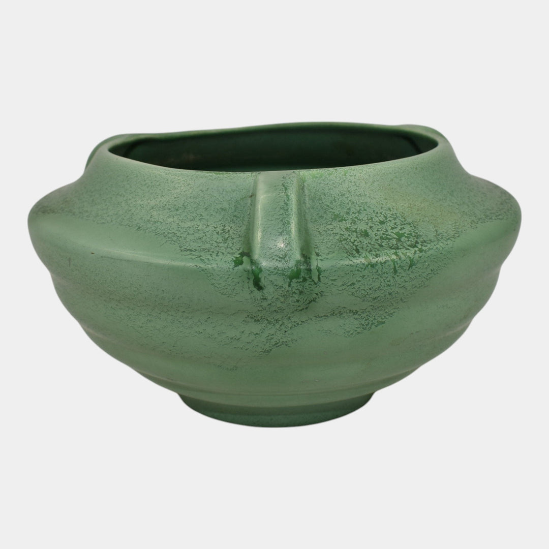 Rumrill 1930s Vintage Art Deco Pottery Mottled Green Ceramic Bowl Vase 304