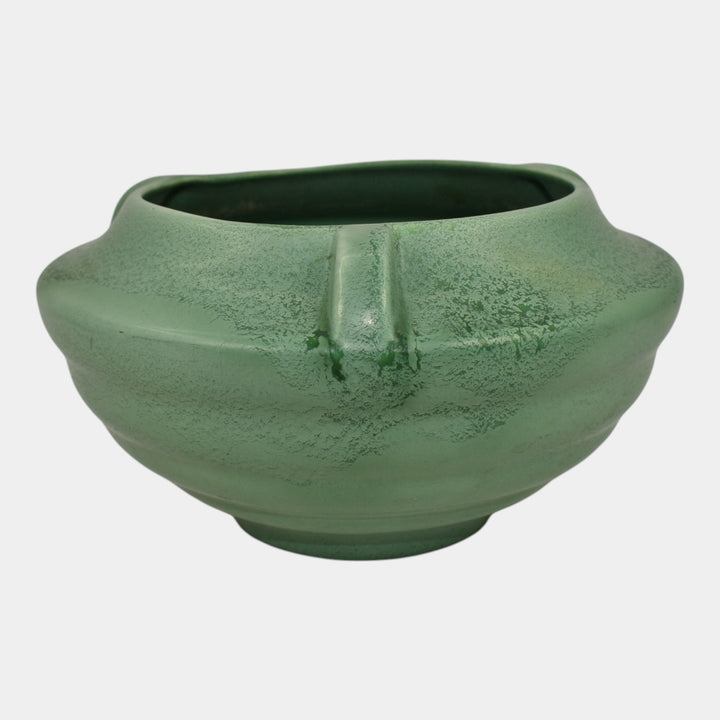 Rumrill 1930s Vintage Art Deco Pottery Mottled Green Ceramic Bowl Vase 304