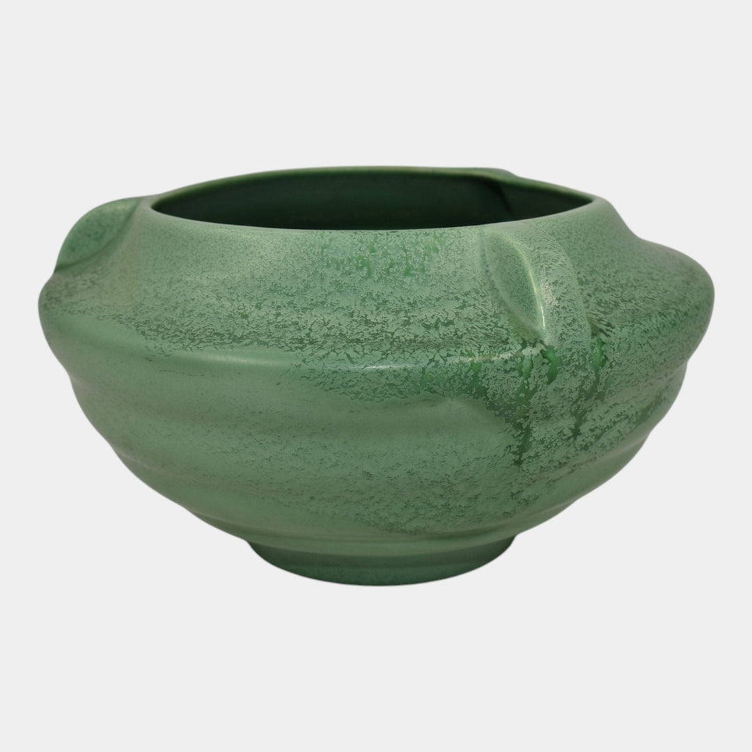 Rumrill 1930s Vintage Art Deco Pottery Mottled Green Ceramic Bowl Vase 304