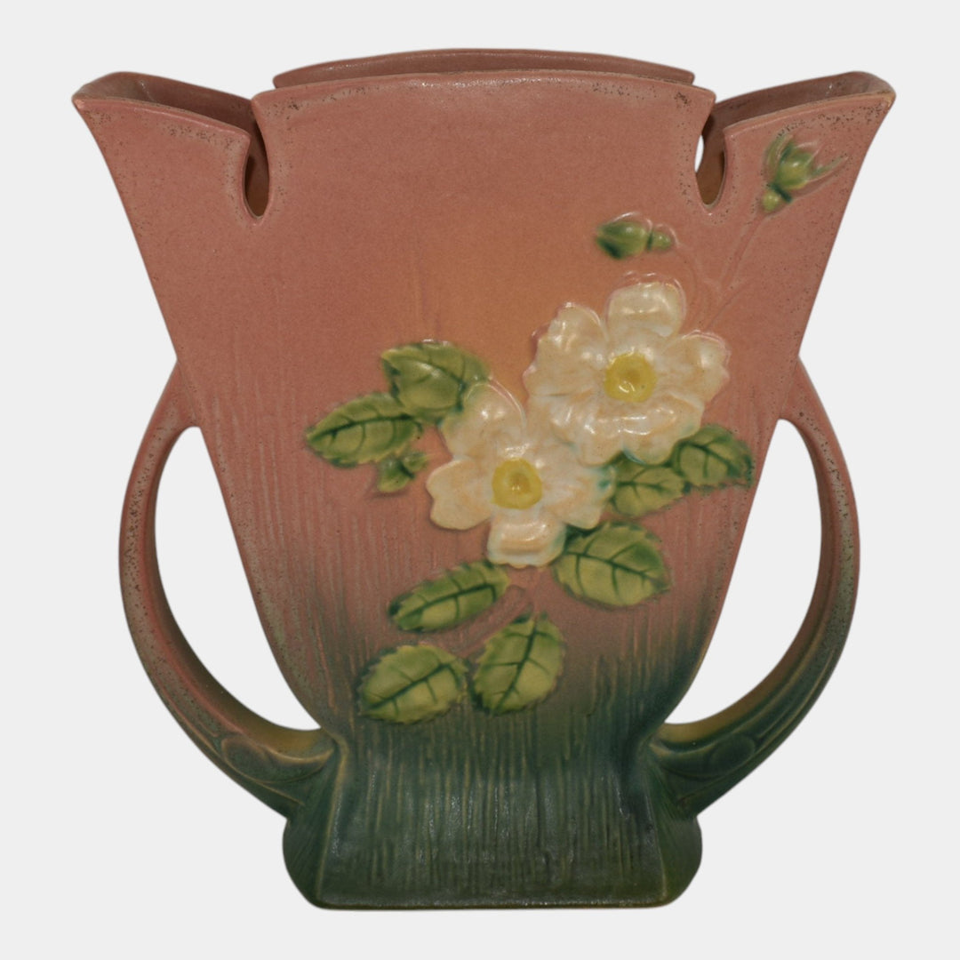 Roseville White Rose Pink 1940 Vintage Art Deco Pottery Ceramic Vase 987-9 - Just Art Pottery