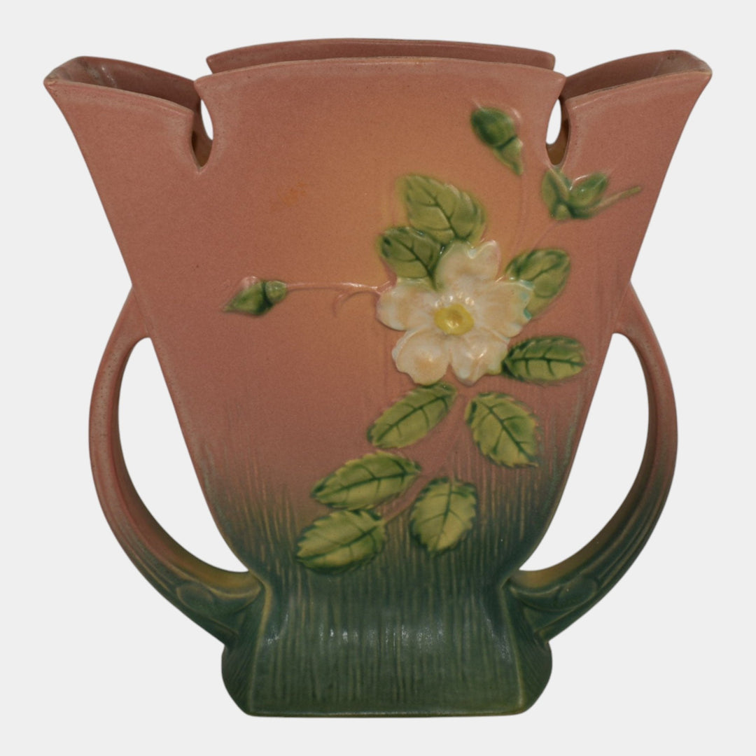 Roseville White Rose Pink 1940 Vintage Art Deco Pottery Ceramic Vase 987-9 - Just Art Pottery