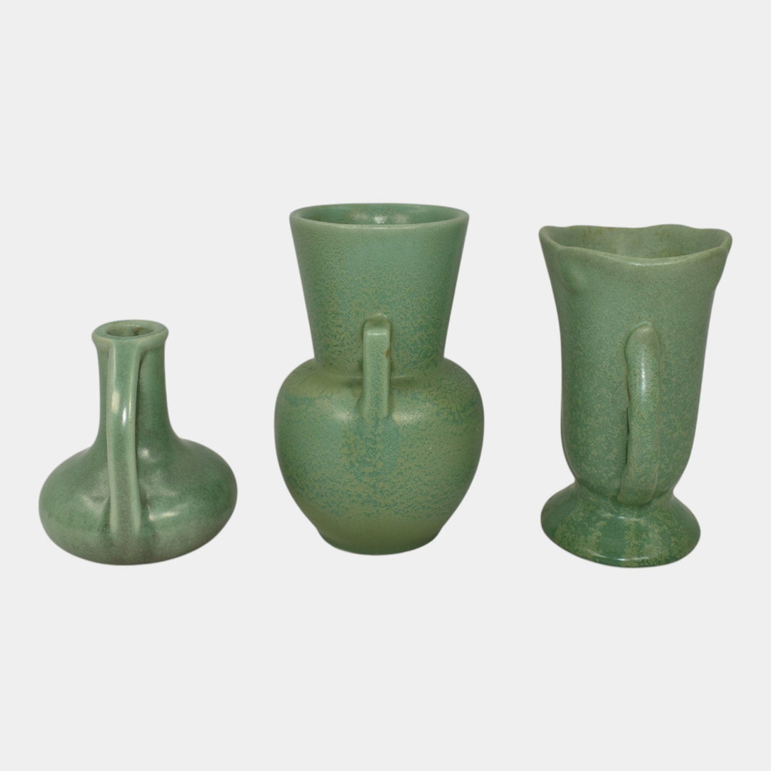 Haeger 1920s Art Pottery Geranium Leaf Frosted Matte Green Set of Three Vases