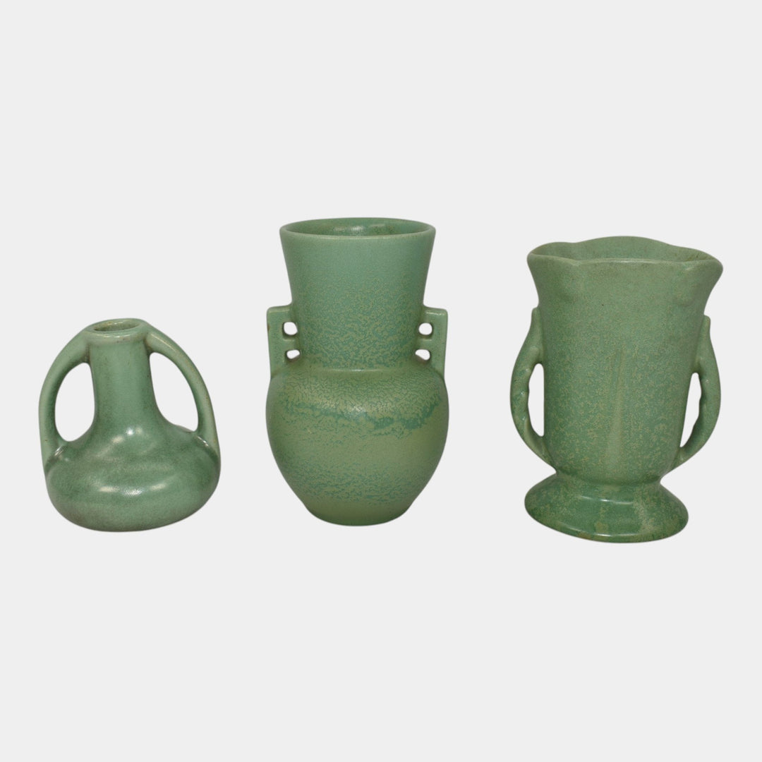 Haeger 1920s Art Pottery Geranium Leaf Frosted Matte Green Set of Three Vases