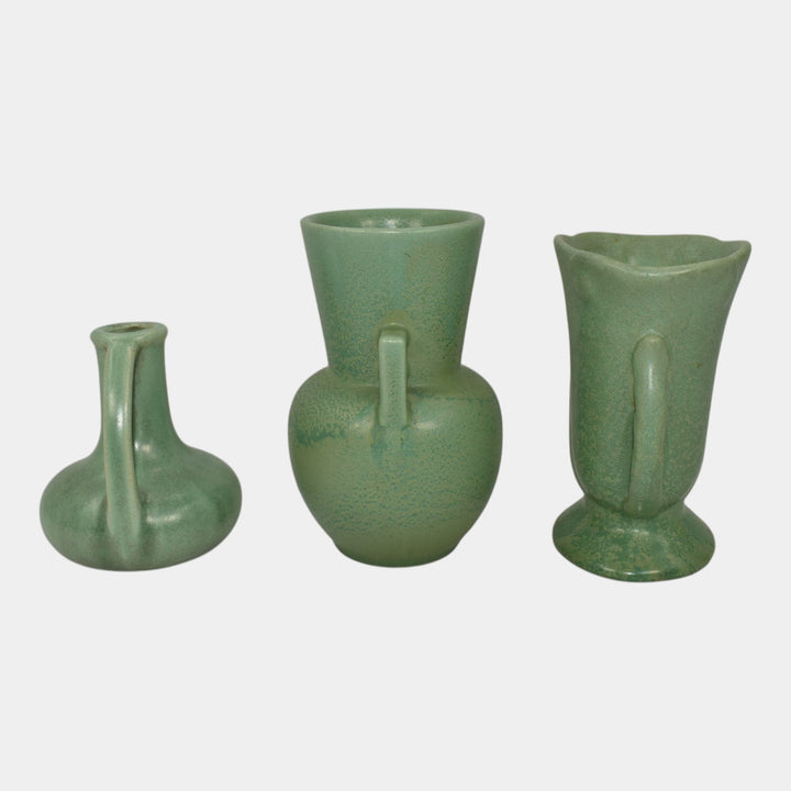 Haeger 1920s Art Pottery Geranium Leaf Frosted Matte Green Set of Three Vases