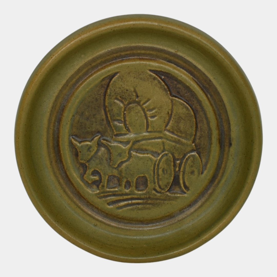 North Dakota School of Mines UND Vintage Art Pottery Green Ceramic Wagon Tray - Just Art Pottery