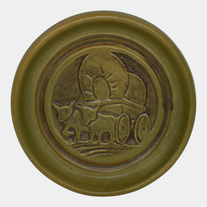 North Dakota School of Mines UND Vintage Art Pottery Green Ceramic Wagon Tray - Just Art Pottery